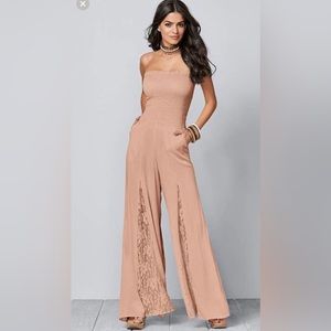 Venus Lace Inset Smocked Jumpsuit- bandeau with lace accents on the leg XL